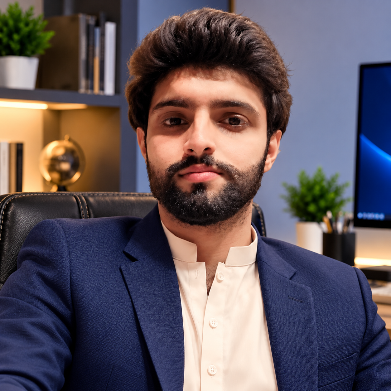Owais Aslam, TechMeaningful author, wearing a navy blue blazer in a professional office setting
