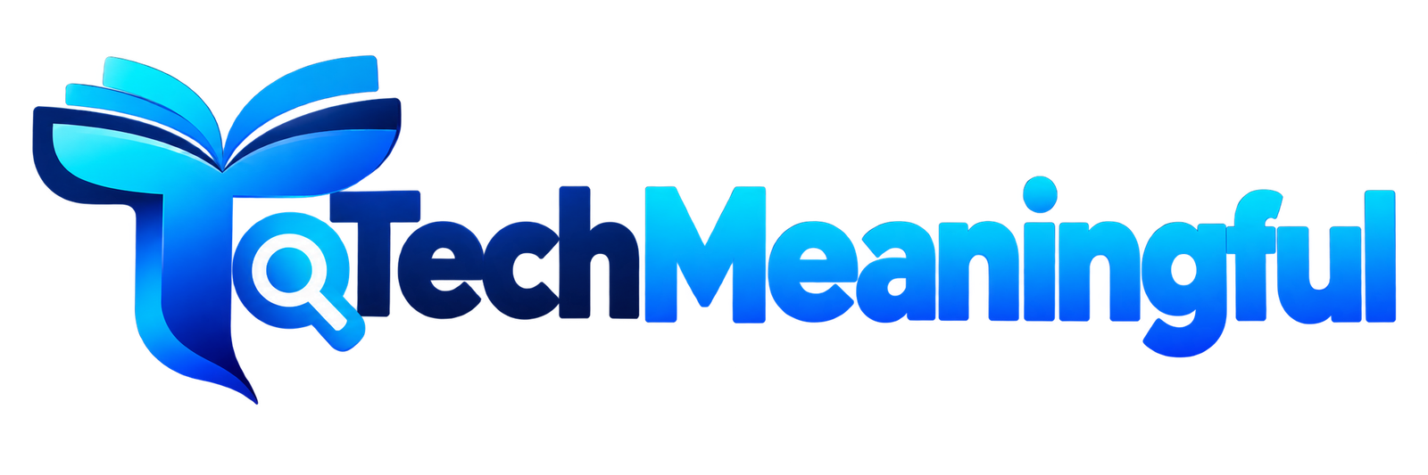 TechMeaningful logo with blue gradient book and magnifying glass icon